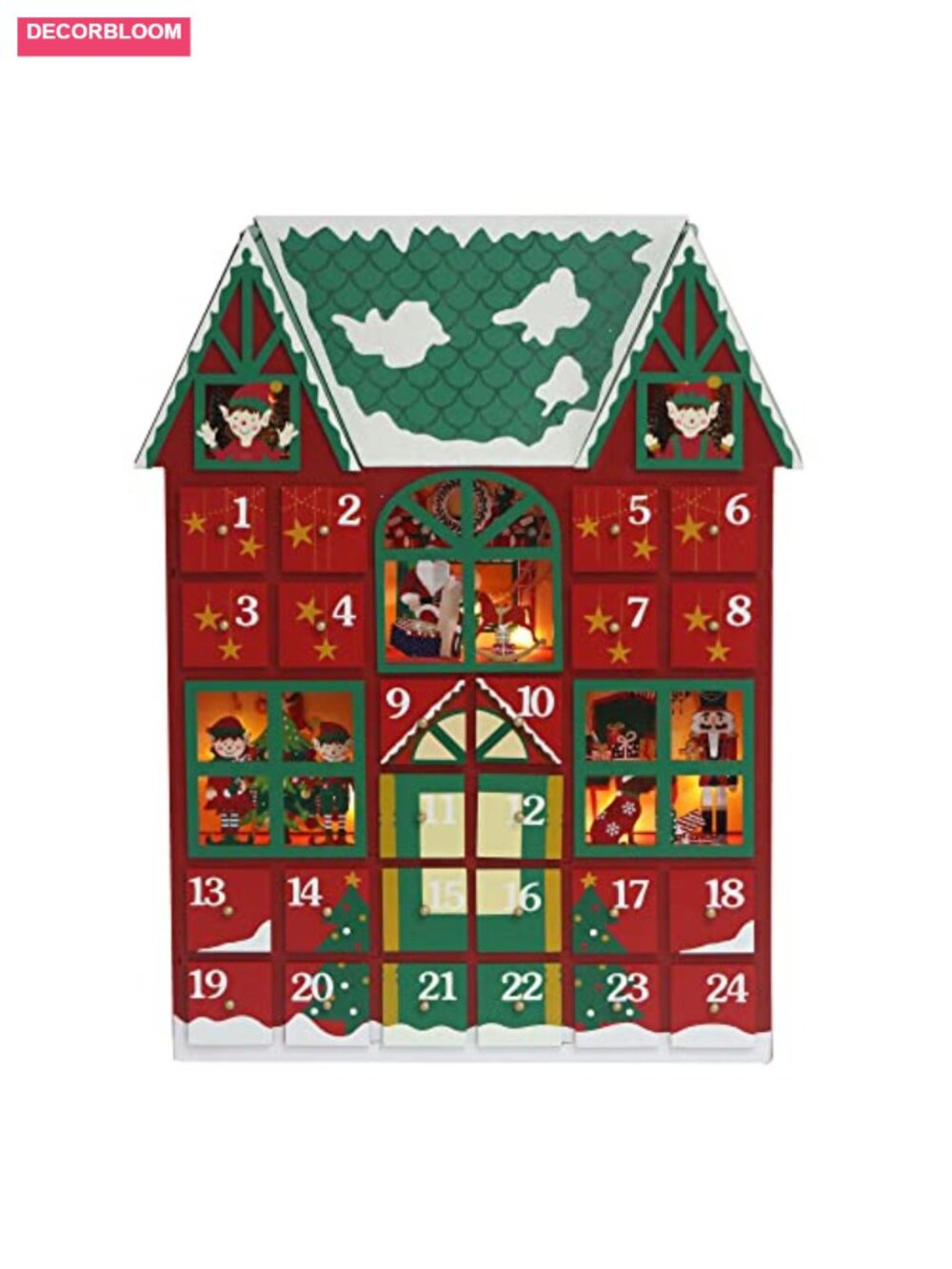 Wooden Advent Calendar House with 24 Drawers and LED Lights, Reusable Countdown